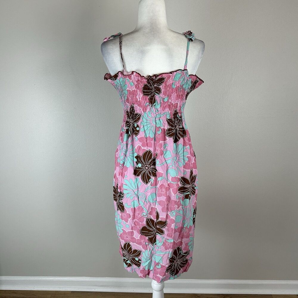 VTG SHANNON MARIE HAWAII All Over Print Beach Dress Size M Pink Teal Brown